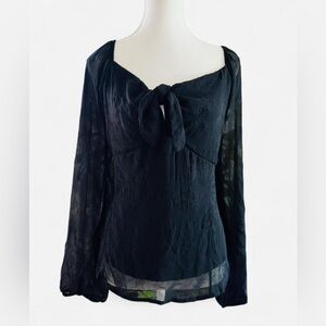 Papermoon Black Tie Front Blouse | Sheer Sleeves | Smocked Back | Size M